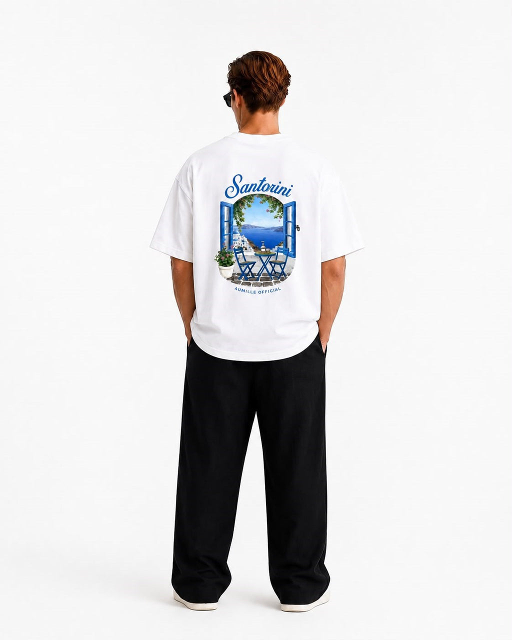 Aumille Santorini Manzara Baskılı Oversize Tişört - Beyaz