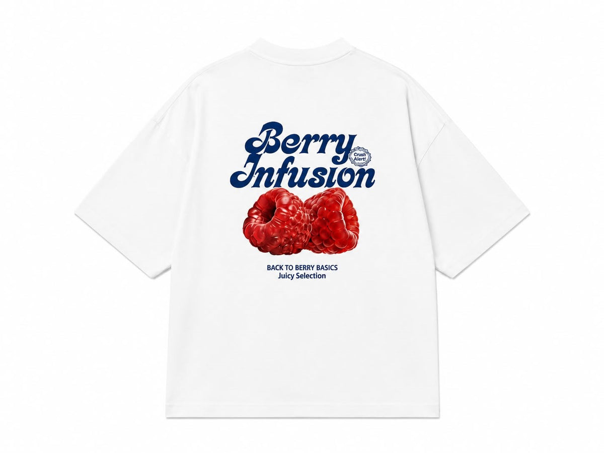 Berry Infusion Ahududu Baskılı Oversize Tişört - Beyaz