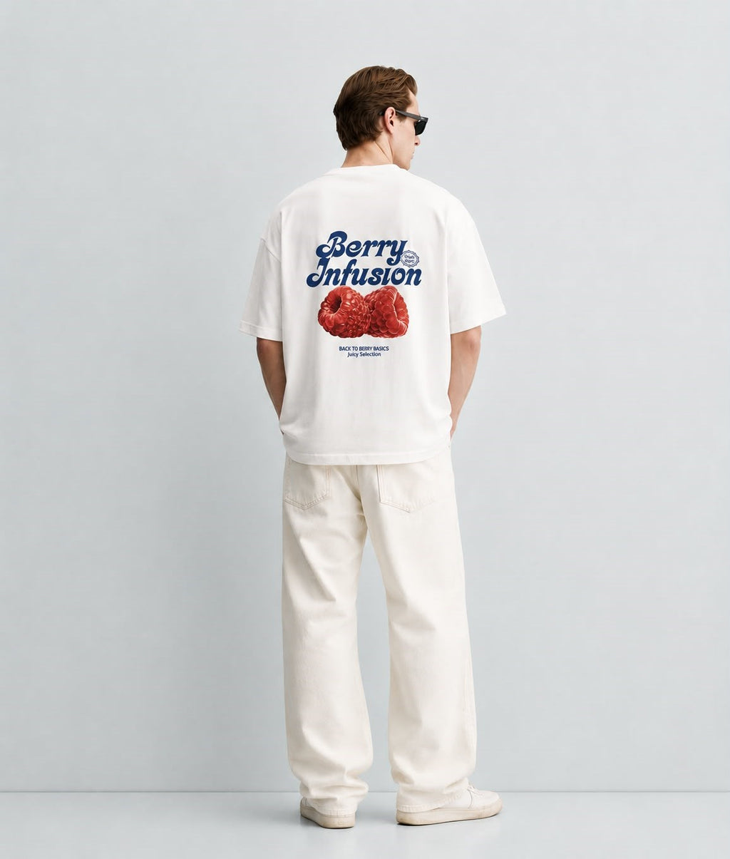 Berry Infusion Ahududu Baskılı Oversize Tişört - Beyaz