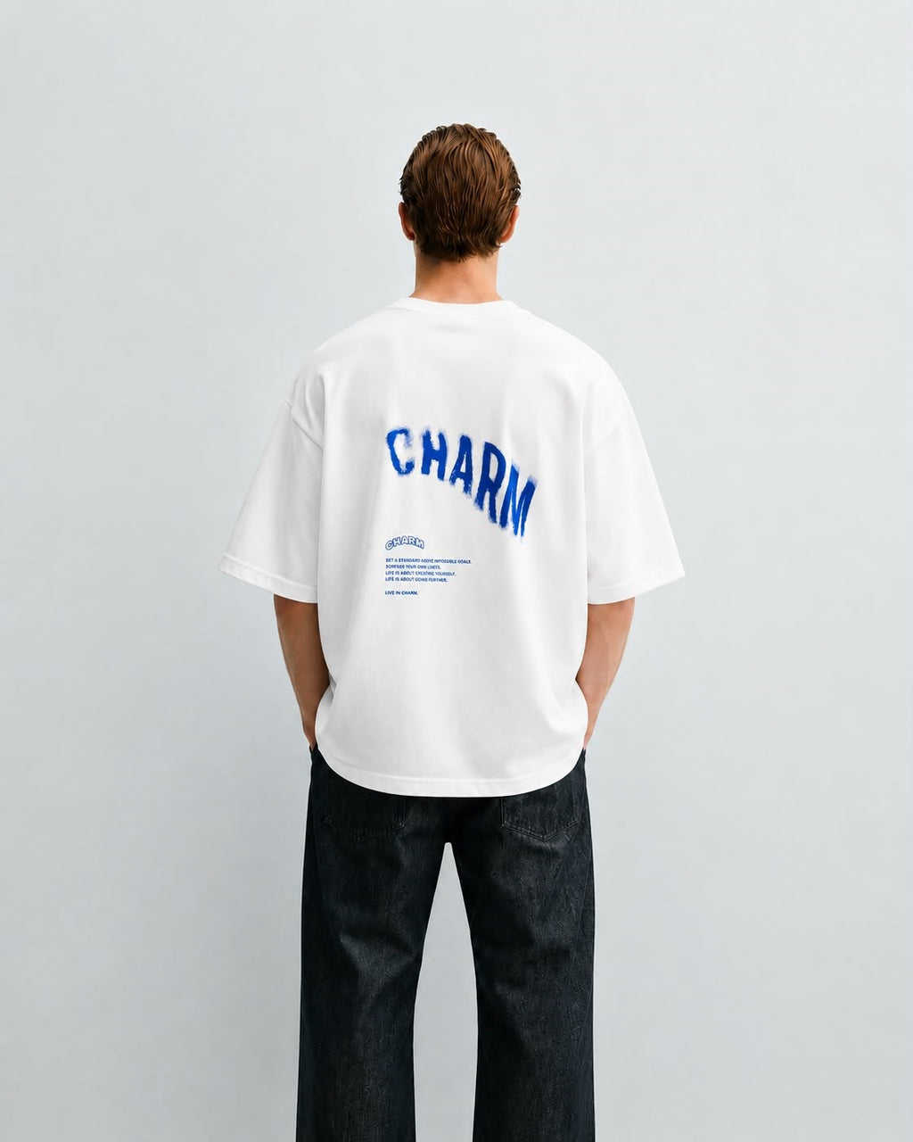 CHARM Sprey Efektli Baskılı Oversize Tişört - Beyaz