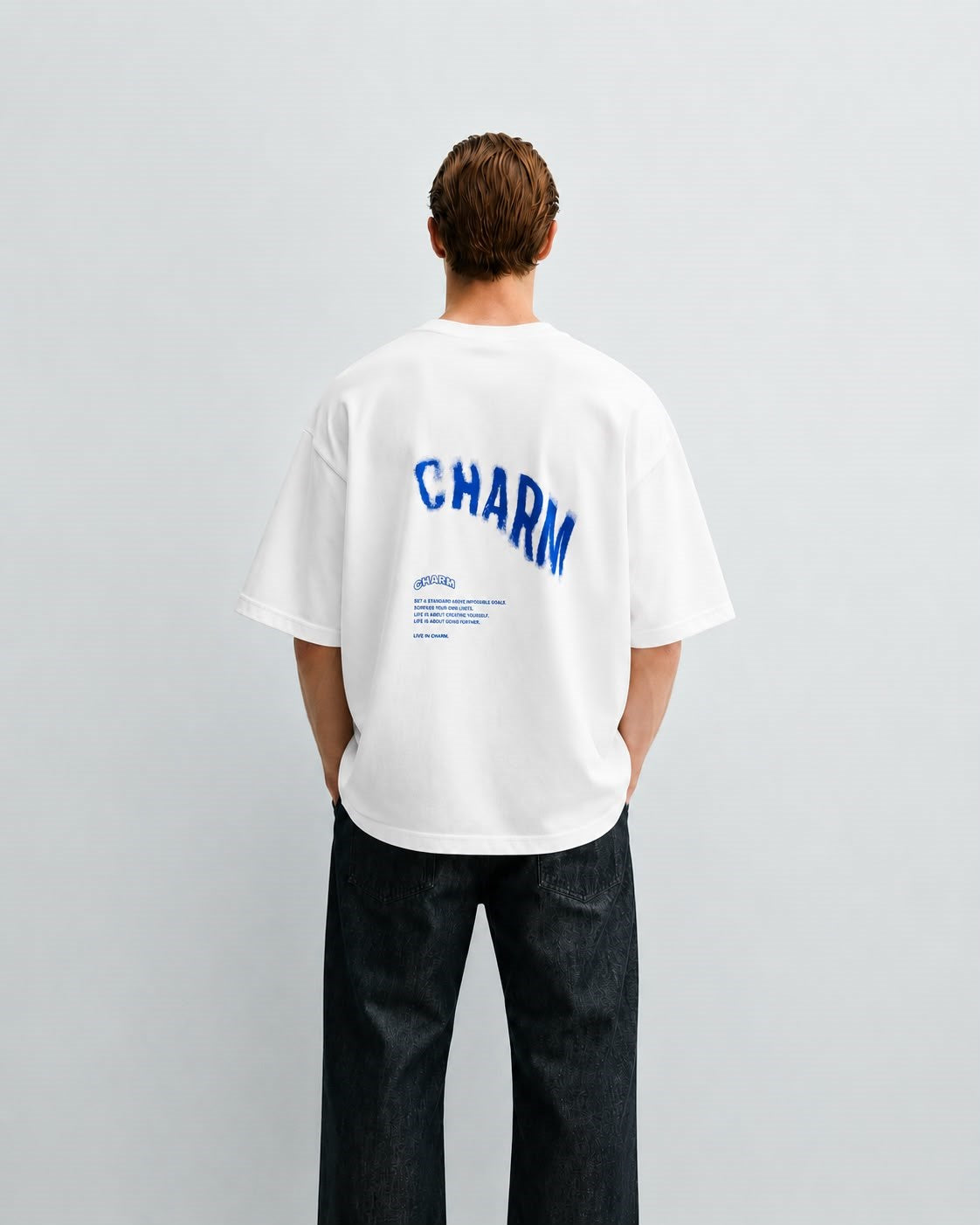 CHARM Sprey Efektli Baskılı Oversize Tişört - Beyaz