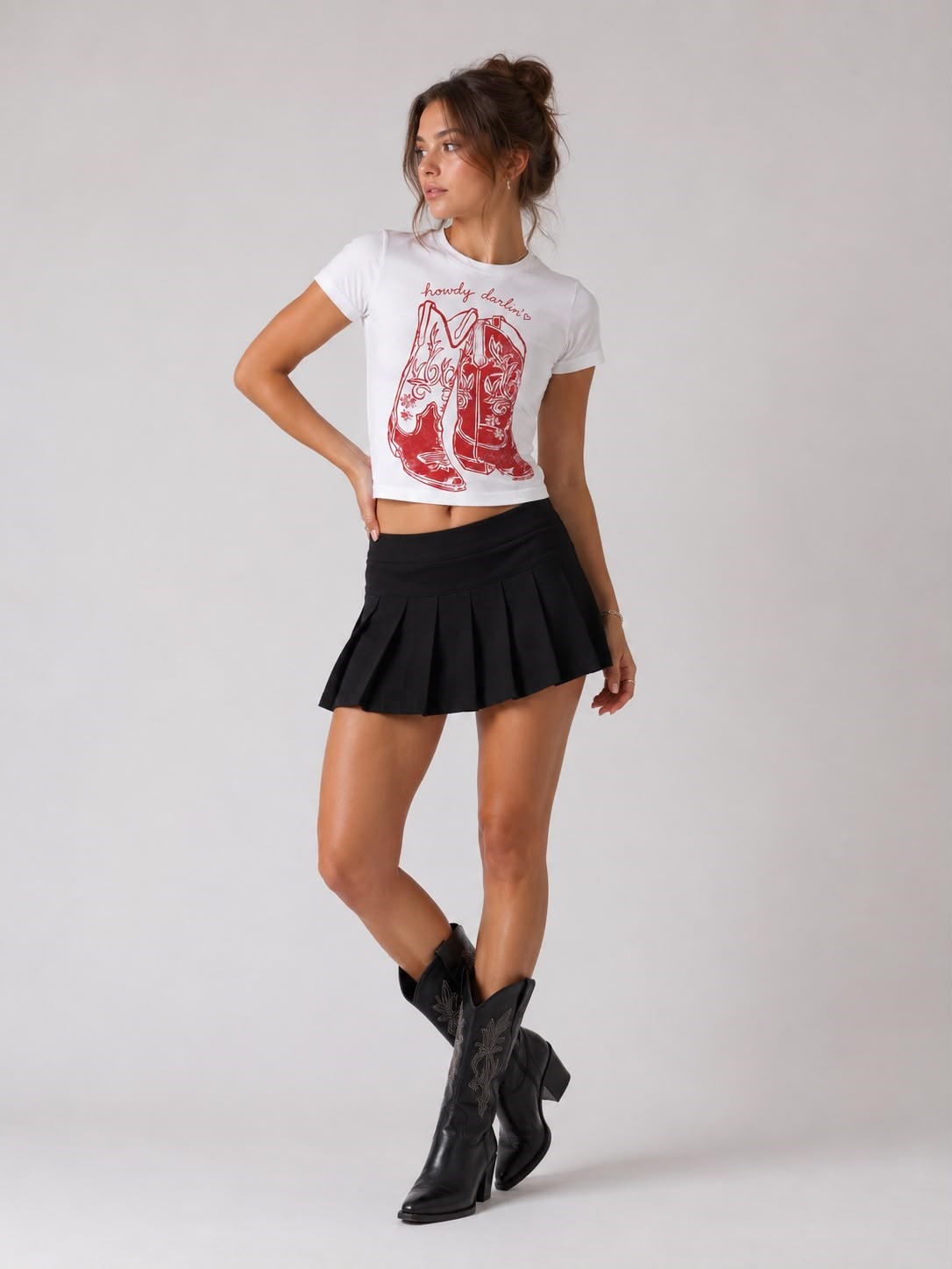 Howdy Darlin' Kovboy Çizme Baskılı Crop Tişört - Beyaz