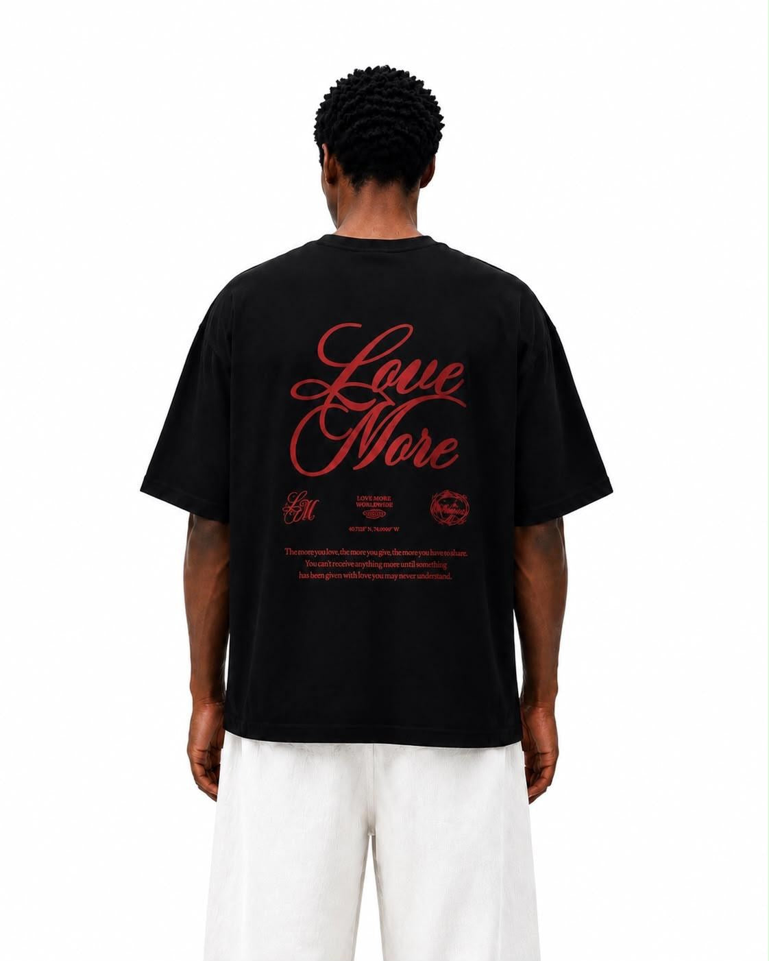 Love More Slogan Baskılı Oversize Tişört - Siyah