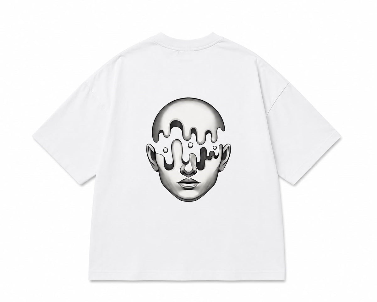 Metalik Melting Face Baskılı Drop Shoulder Oversize Tişört - Beyaz